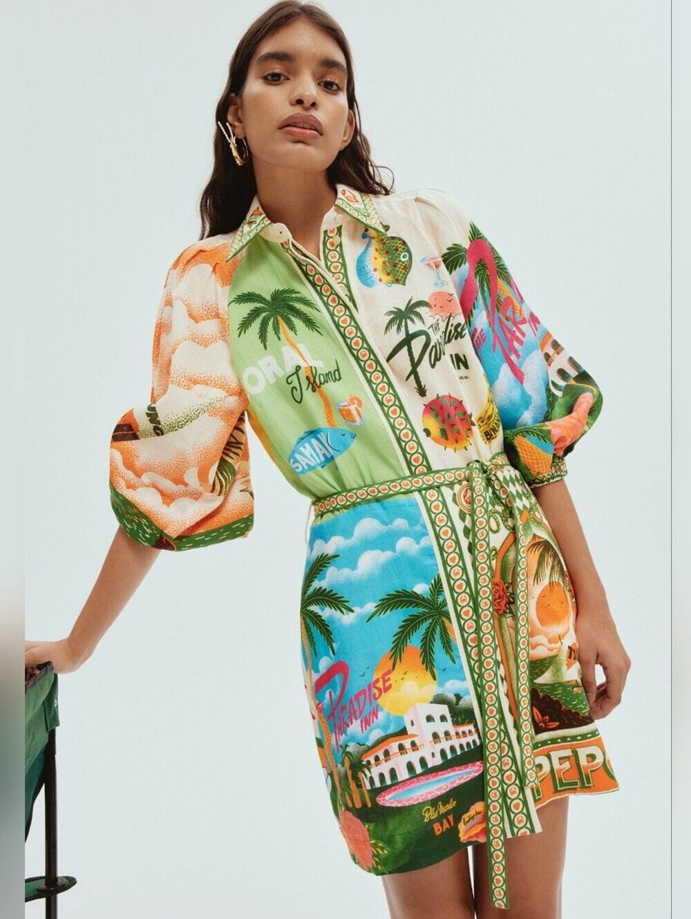 ALÉMAIS Paradiso Mini Dress – NWT – Size 0 – Linen Balloon Sleeve Shirtdress
